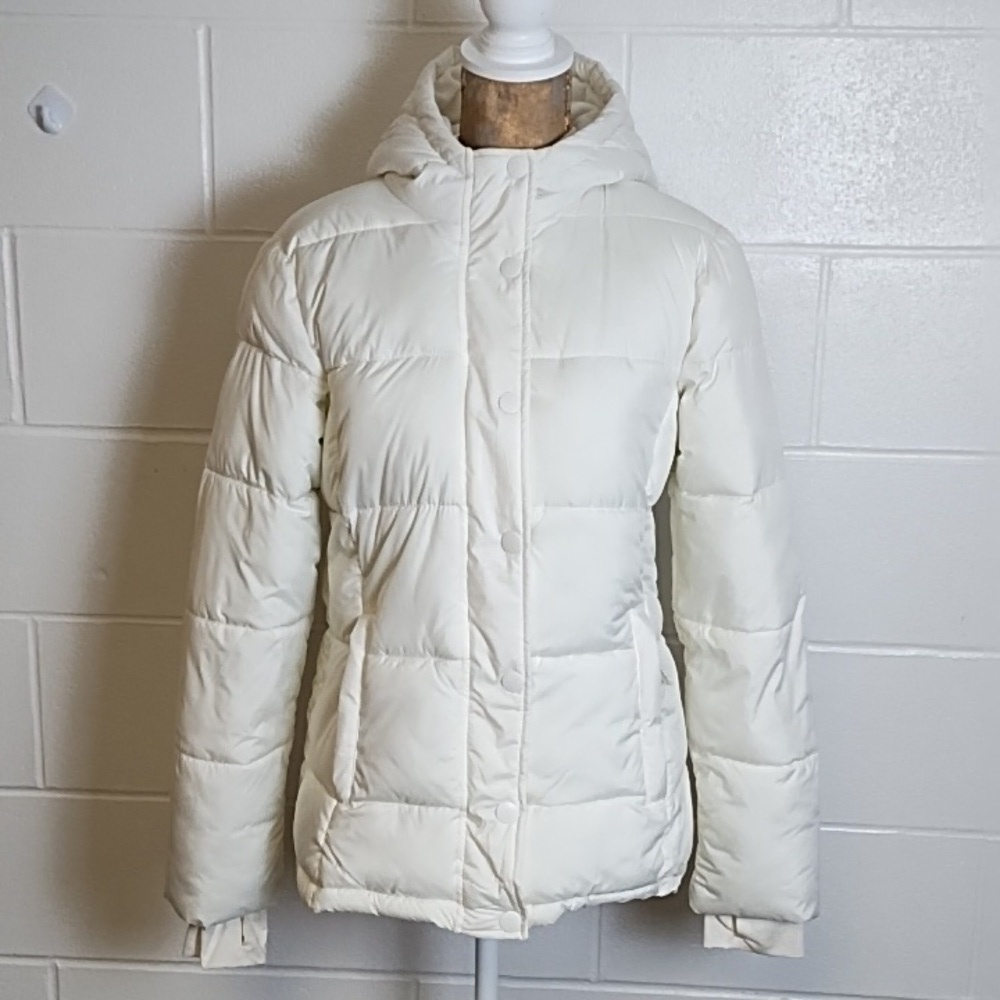 Winter White Warm Hooded Puffer Coat Thumb Holes Zip Pockets Soft Fleece Lining